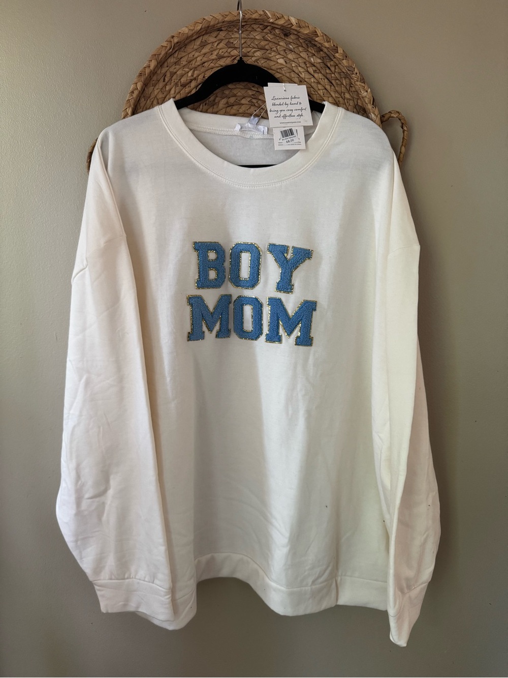 BOY MOM White Sweatshirt with Blue Appliqué